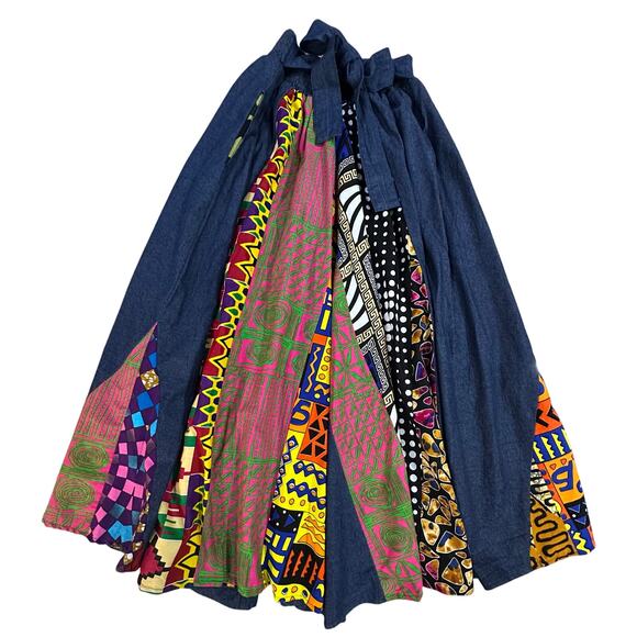 VTG Full Pleated Maxi Skirt Denim Mixed Print Patchwork Boho Artsy Tribal SZ M/L - Picture 1 of 16